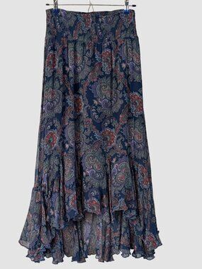 Vanessa Virginia Anthropologie Silk Paisley Midi Skirt High Low Ruffle Size 4